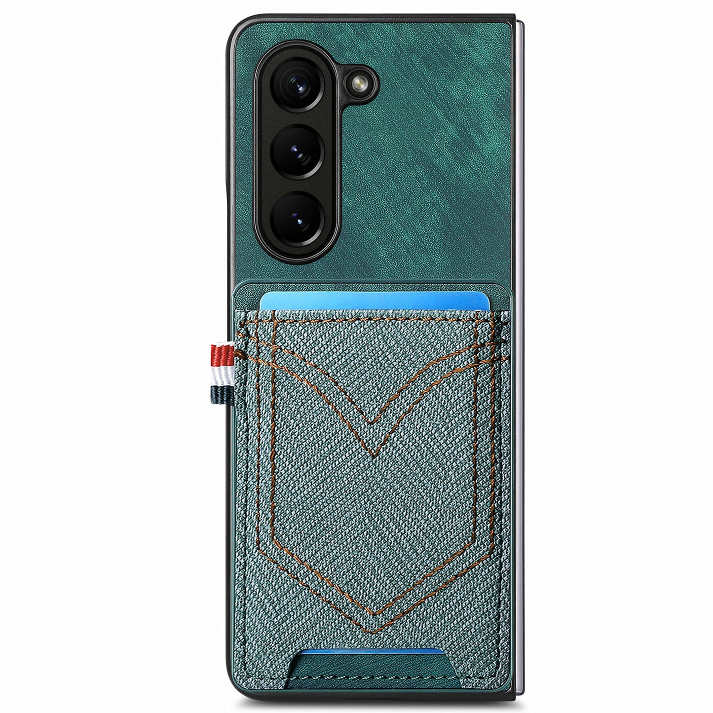 For Samsung Galaxy Z Fold6 5G Case Leather+PC Phone Cover with Denim Texture Card Holder - Green