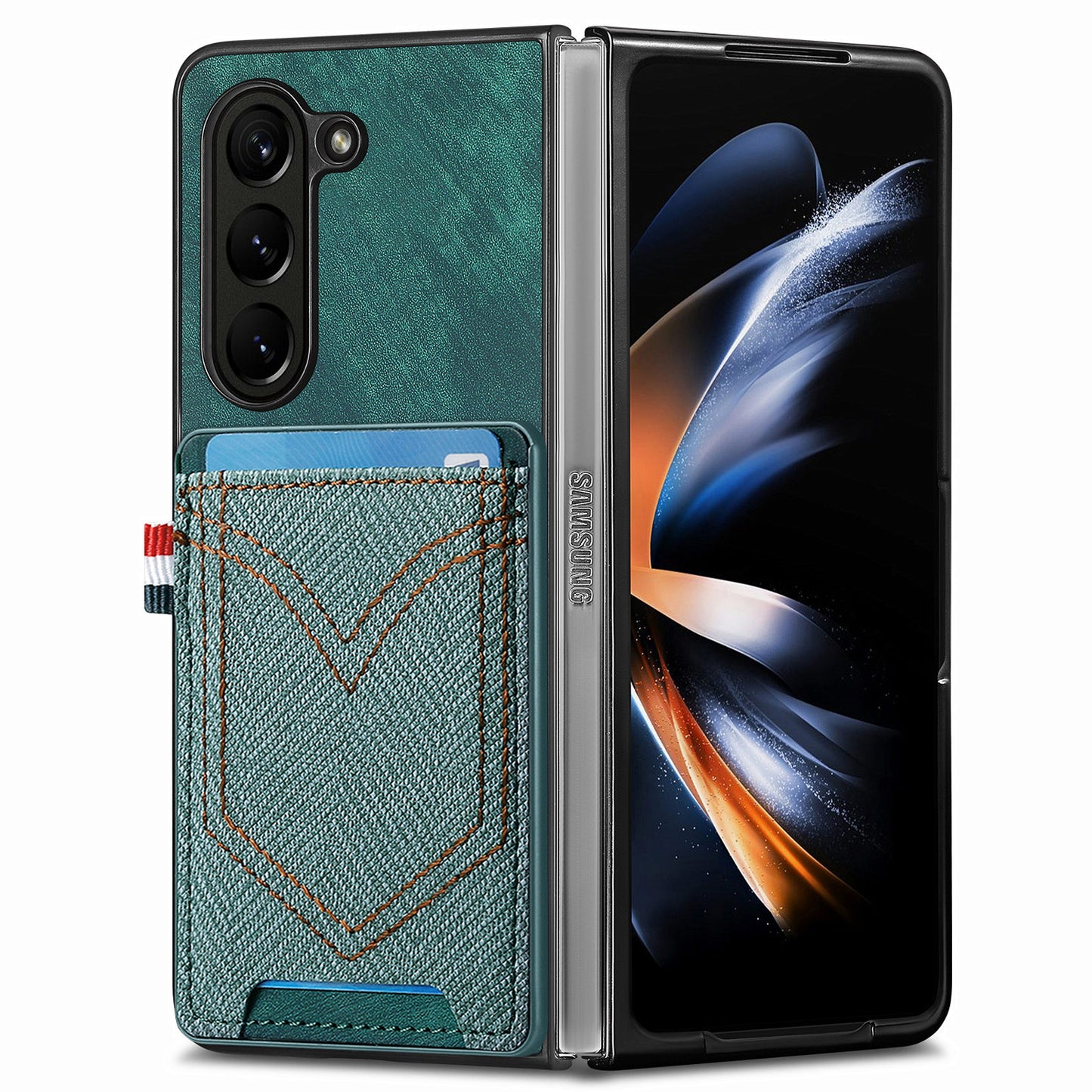 For Samsung Galaxy Z Fold6 5G Case Leather+PC Phone Cover with Denim Texture Card Holder - Green
