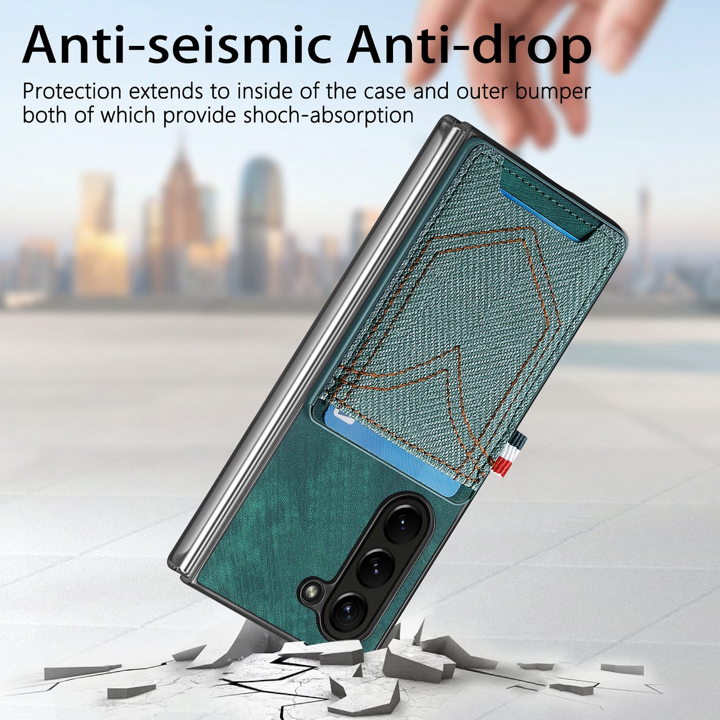 For Samsung Galaxy Z Fold6 5G Case Leather+PC Phone Cover with Denim Texture Card Holder - Green