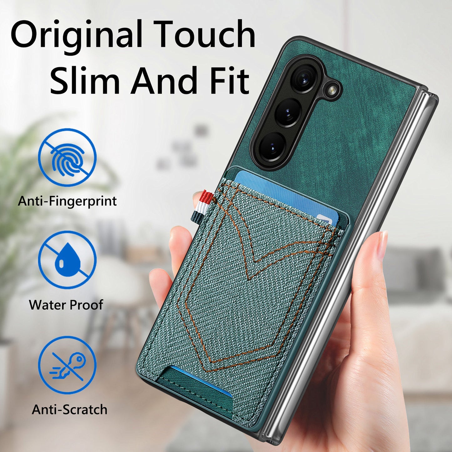 For Samsung Galaxy Z Fold6 5G Case Leather+PC Phone Cover with Denim Texture Card Holder - Green