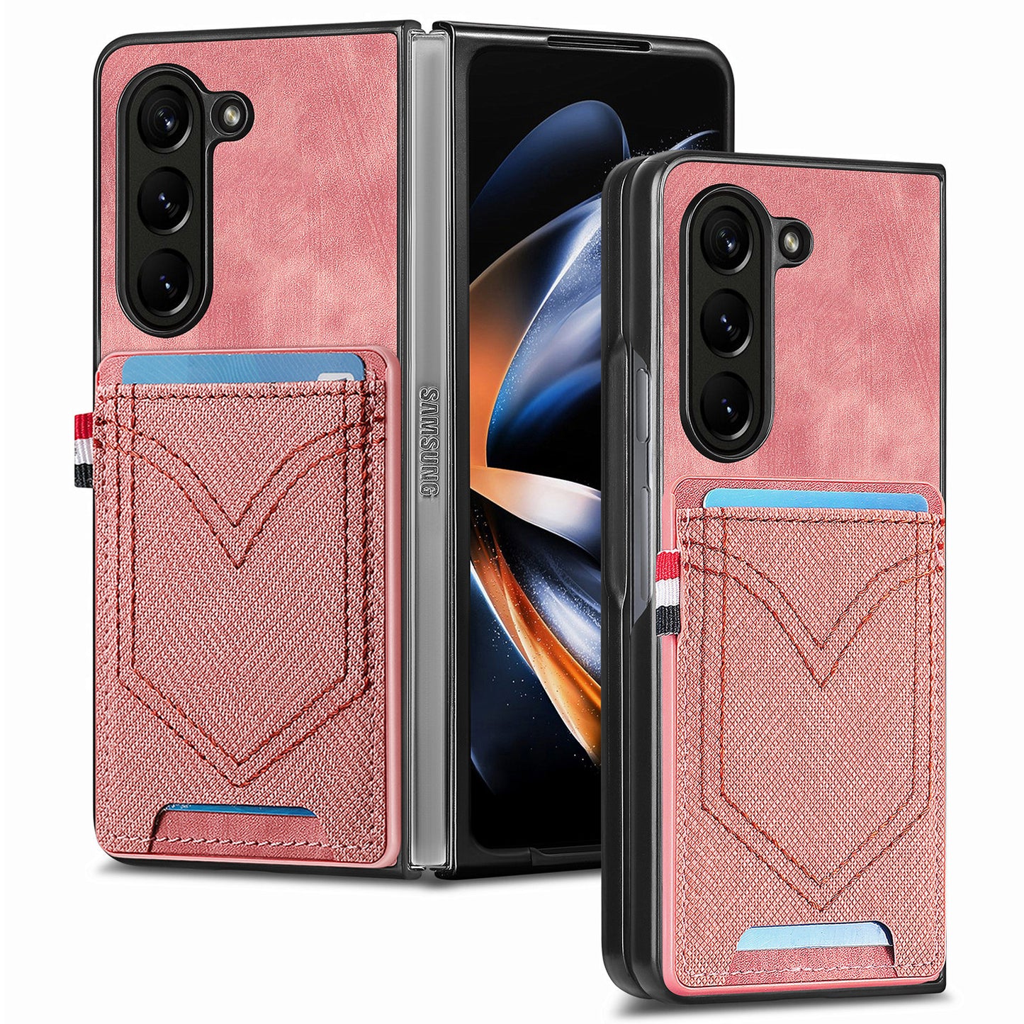 For Samsung Galaxy Z Fold6 5G Case Leather+PC Phone Cover with Denim Texture Card Holder - Pink
