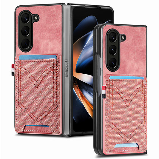 For Samsung Galaxy Z Fold6 5G Case Leather+PC Phone Cover with Denim Texture Card Holder - Pink