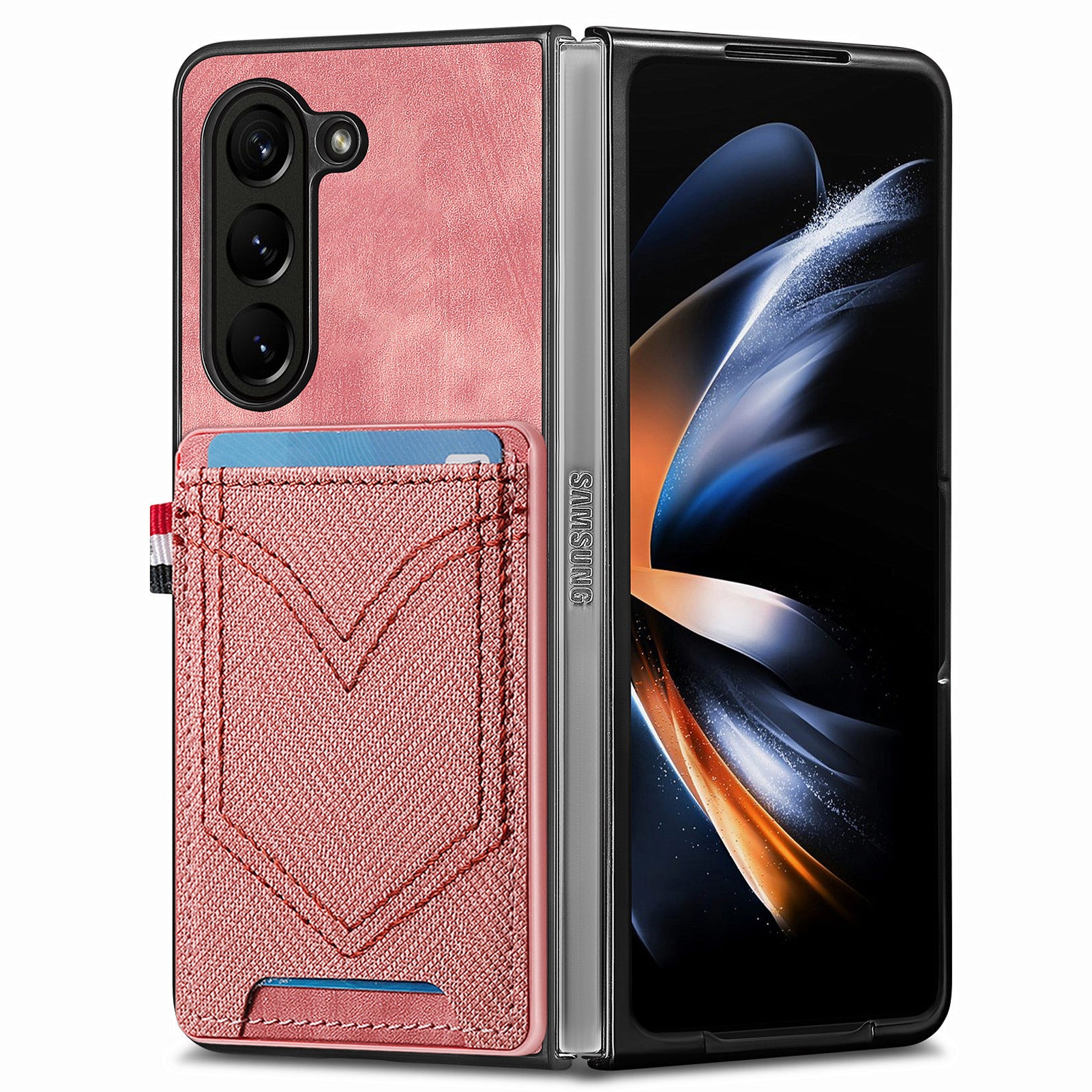 For Samsung Galaxy Z Fold6 5G Case Leather+PC Phone Cover with Denim Texture Card Holder - Pink