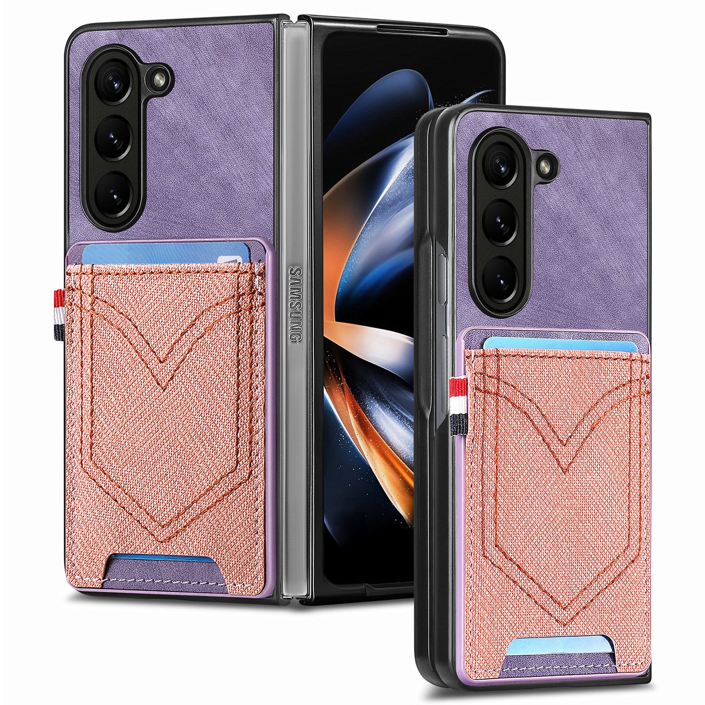 For Samsung Galaxy Z Fold6 5G Case Leather+PC Phone Cover with Denim Texture Card Holder - Purple