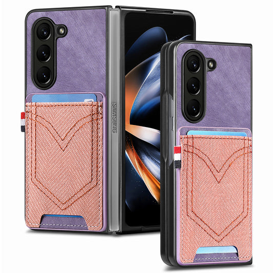 For Samsung Galaxy Z Fold6 5G Case Leather+PC Phone Cover with Denim Texture Card Holder - Purple