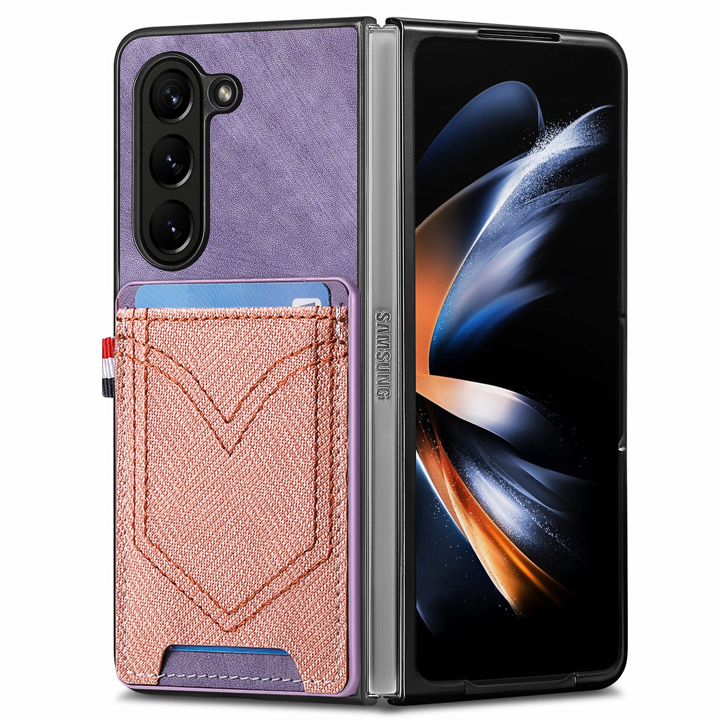 For Samsung Galaxy Z Fold6 5G Case Leather+PC Phone Cover with Denim Texture Card Holder - Purple