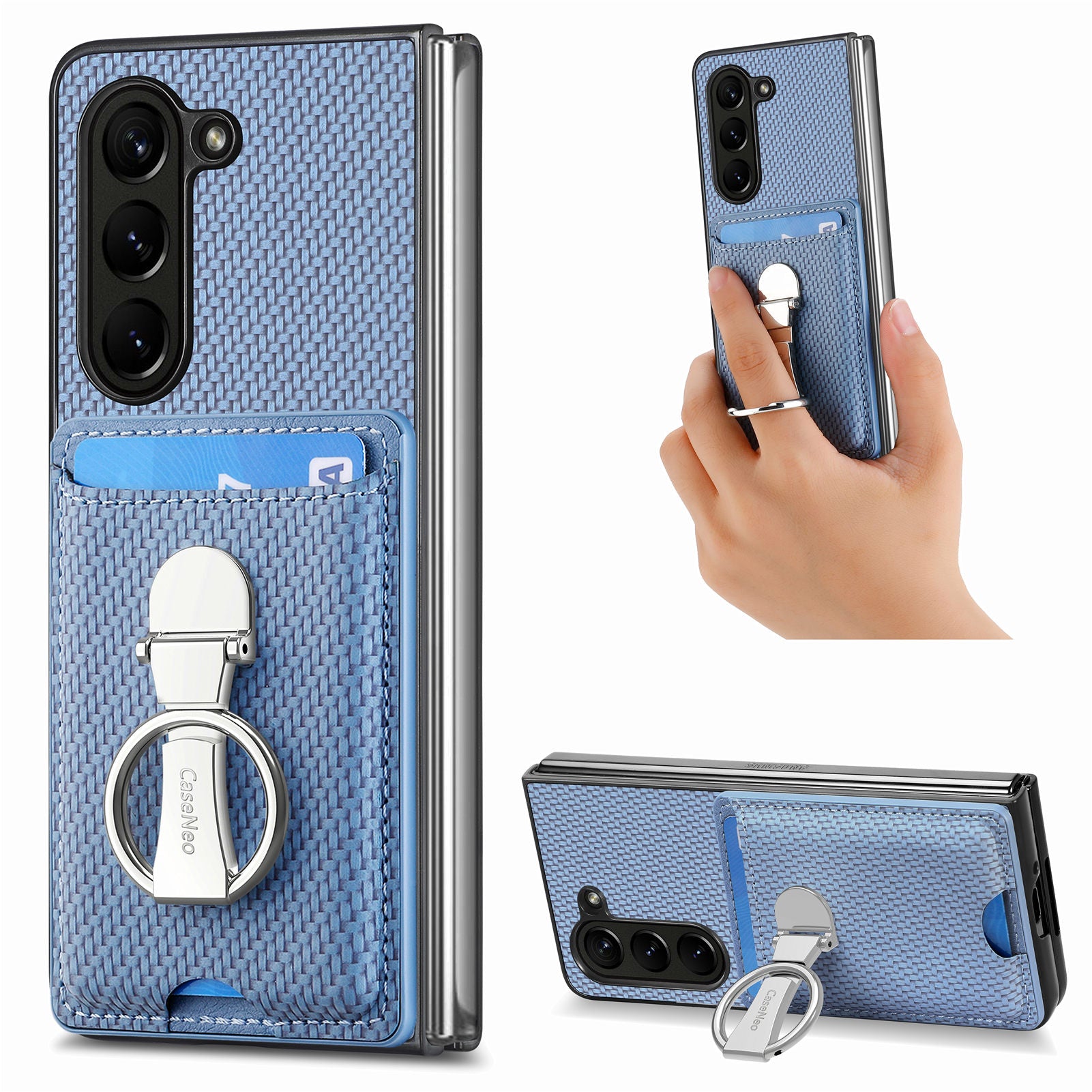 For Samsung Galaxy Z Fold6 5G Case Card Slot Carbon Fiber Texture Leather+PC Phone Cover - Blue