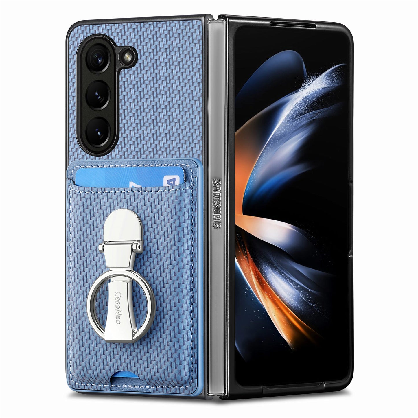 For Samsung Galaxy Z Fold6 5G Case Card Slot Carbon Fiber Texture Leather+PC Phone Cover - Blue