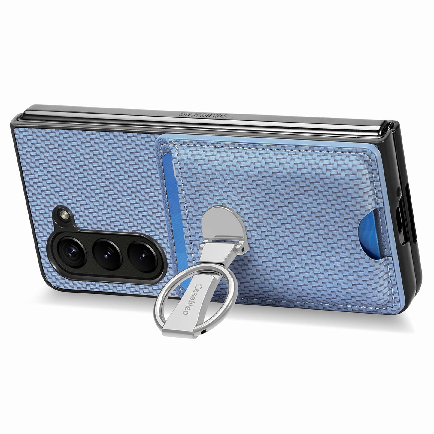 For Samsung Galaxy Z Fold6 5G Case Card Slot Carbon Fiber Texture Leather+PC Phone Cover - Blue