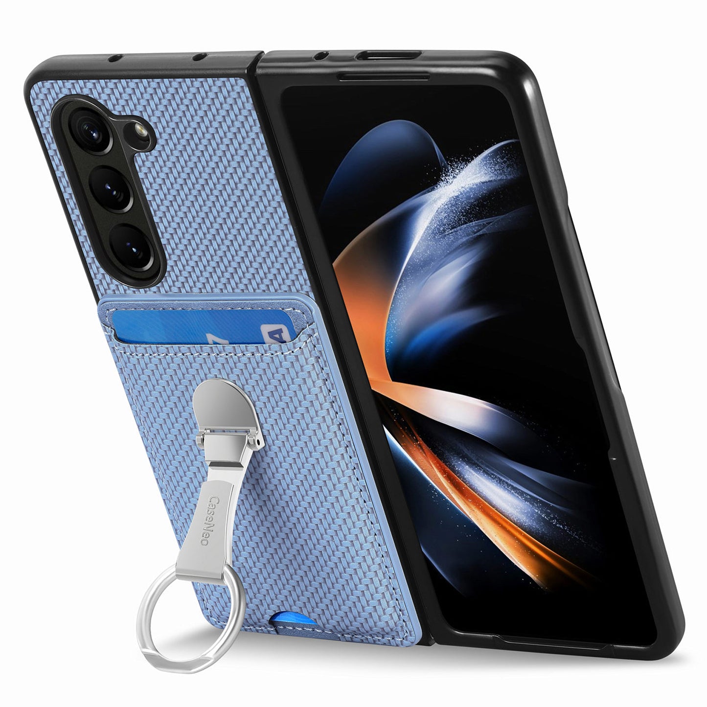 For Samsung Galaxy Z Fold6 5G Case Card Slot Carbon Fiber Texture Leather+PC Phone Cover - Blue