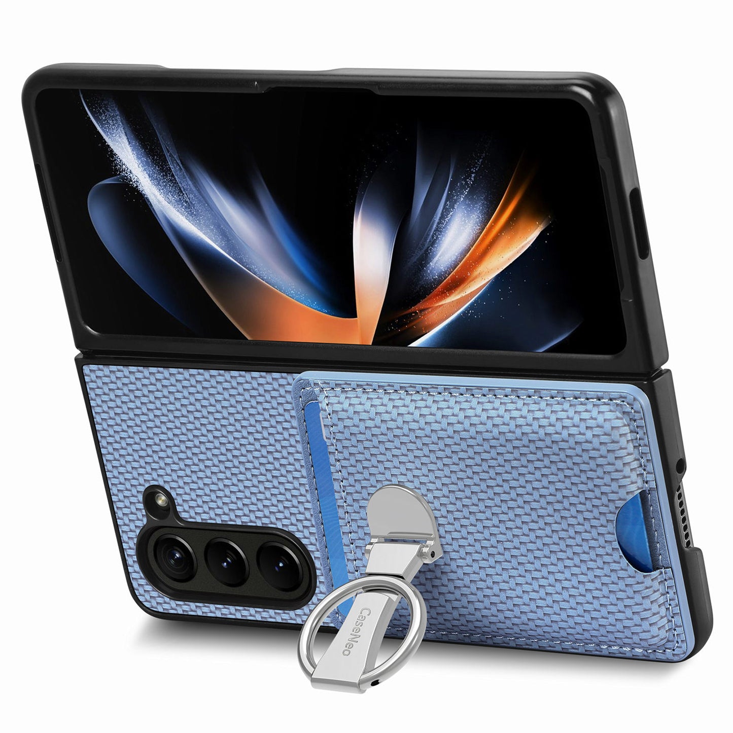For Samsung Galaxy Z Fold6 5G Case Card Slot Carbon Fiber Texture Leather+PC Phone Cover - Blue