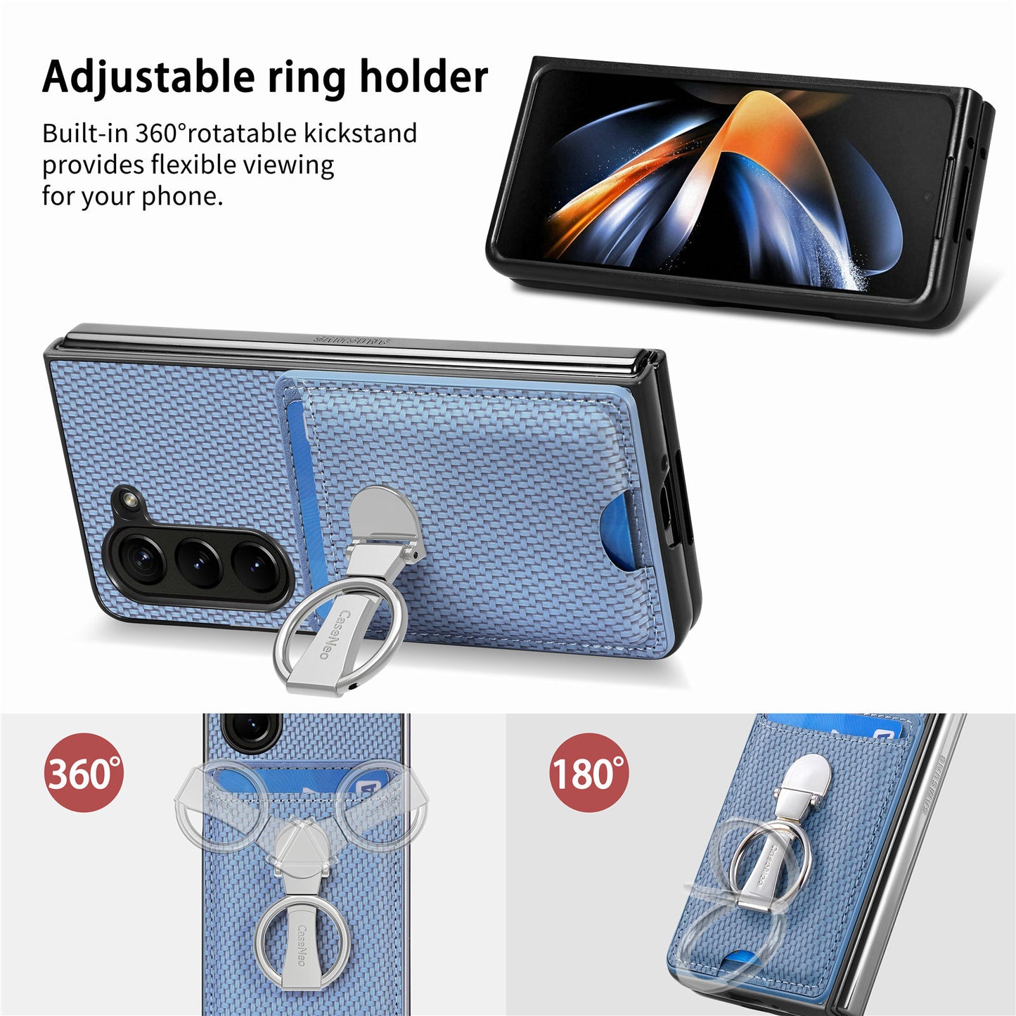 For Samsung Galaxy Z Fold6 5G Case Card Slot Carbon Fiber Texture Leather+PC Phone Cover - Blue
