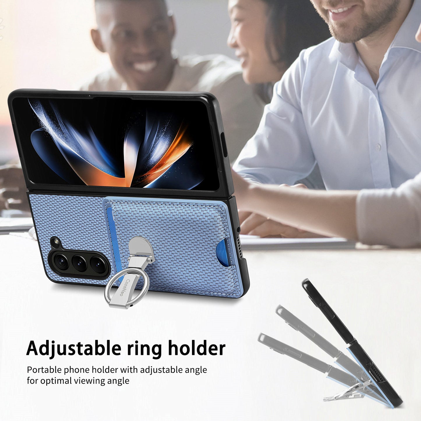 For Samsung Galaxy Z Fold6 5G Case Card Slot Carbon Fiber Texture Leather+PC Phone Cover - Blue