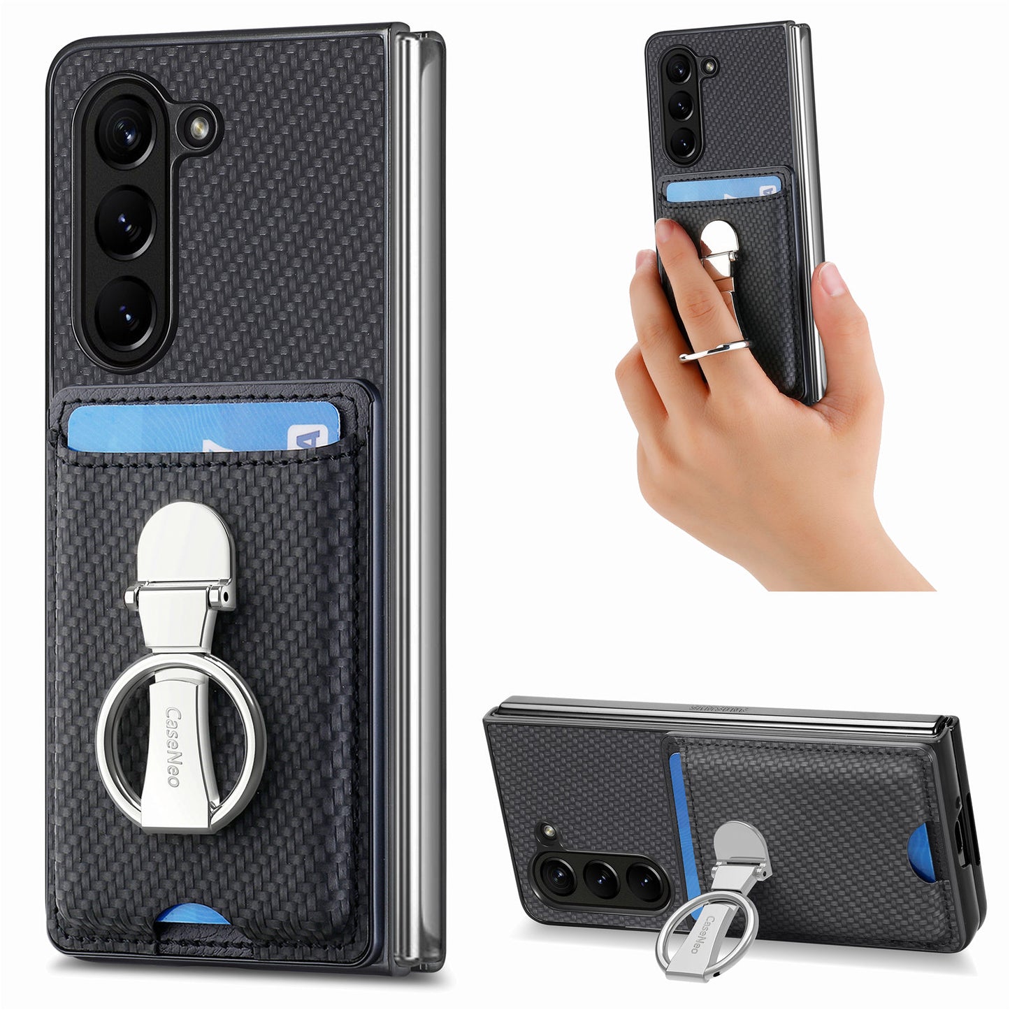 For Samsung Galaxy Z Fold6 5G Case Card Slot Carbon Fiber Texture Leather+PC Phone Cover - Black