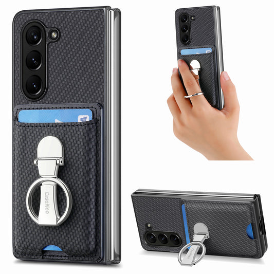 For Samsung Galaxy Z Fold6 5G Case Card Slot Carbon Fiber Texture Leather+PC Phone Cover - Black