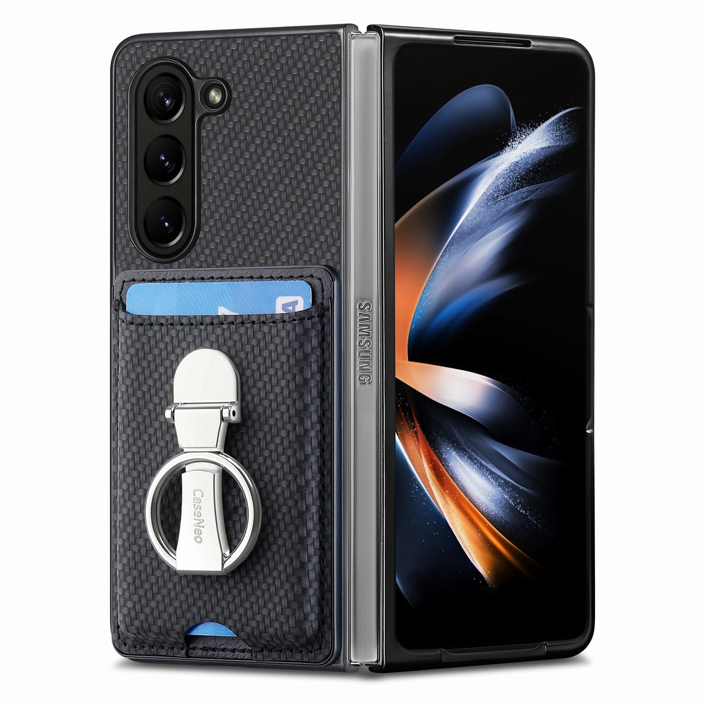 For Samsung Galaxy Z Fold6 5G Case Card Slot Carbon Fiber Texture Leather+PC Phone Cover - Black