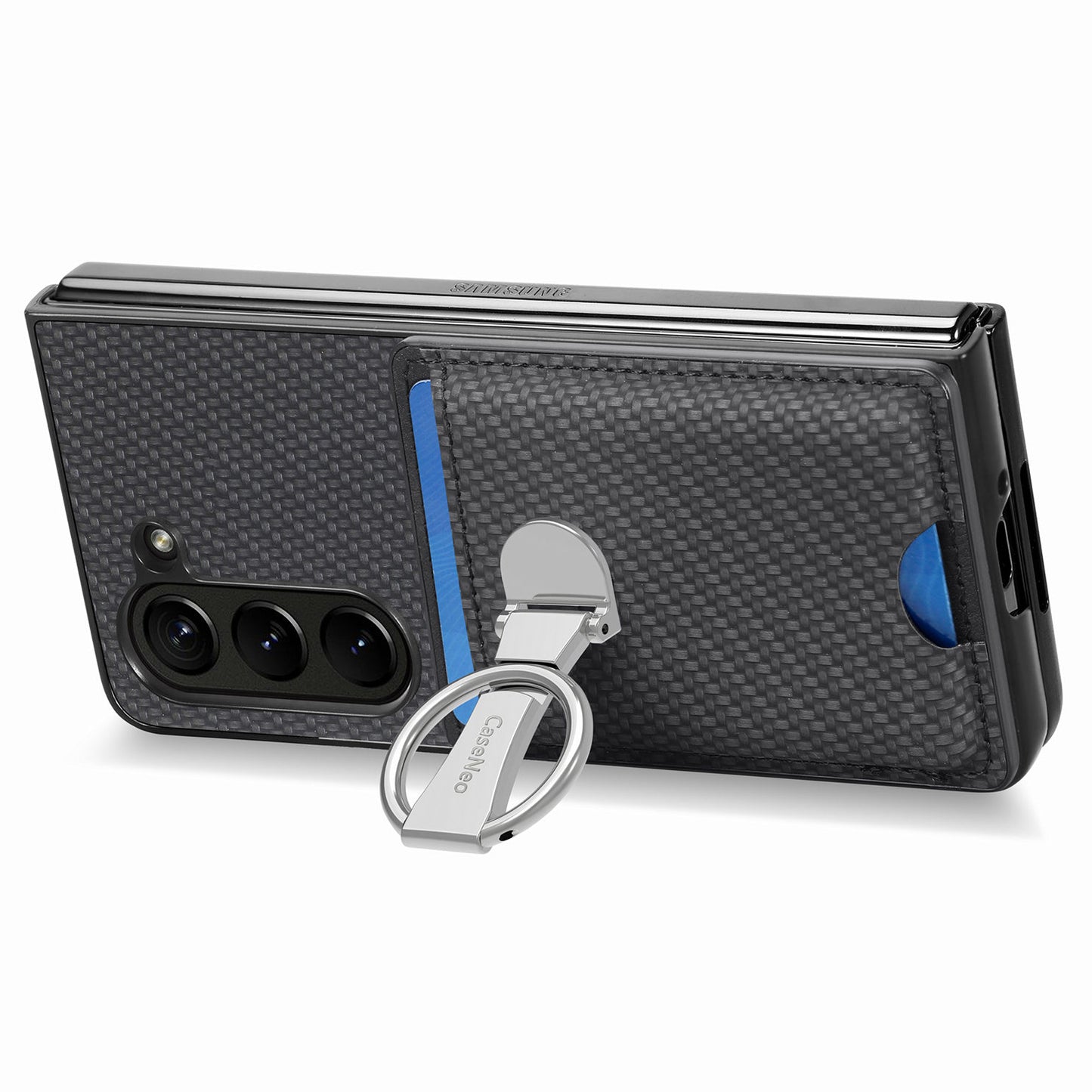 For Samsung Galaxy Z Fold6 5G Case Card Slot Carbon Fiber Texture Leather+PC Phone Cover - Black