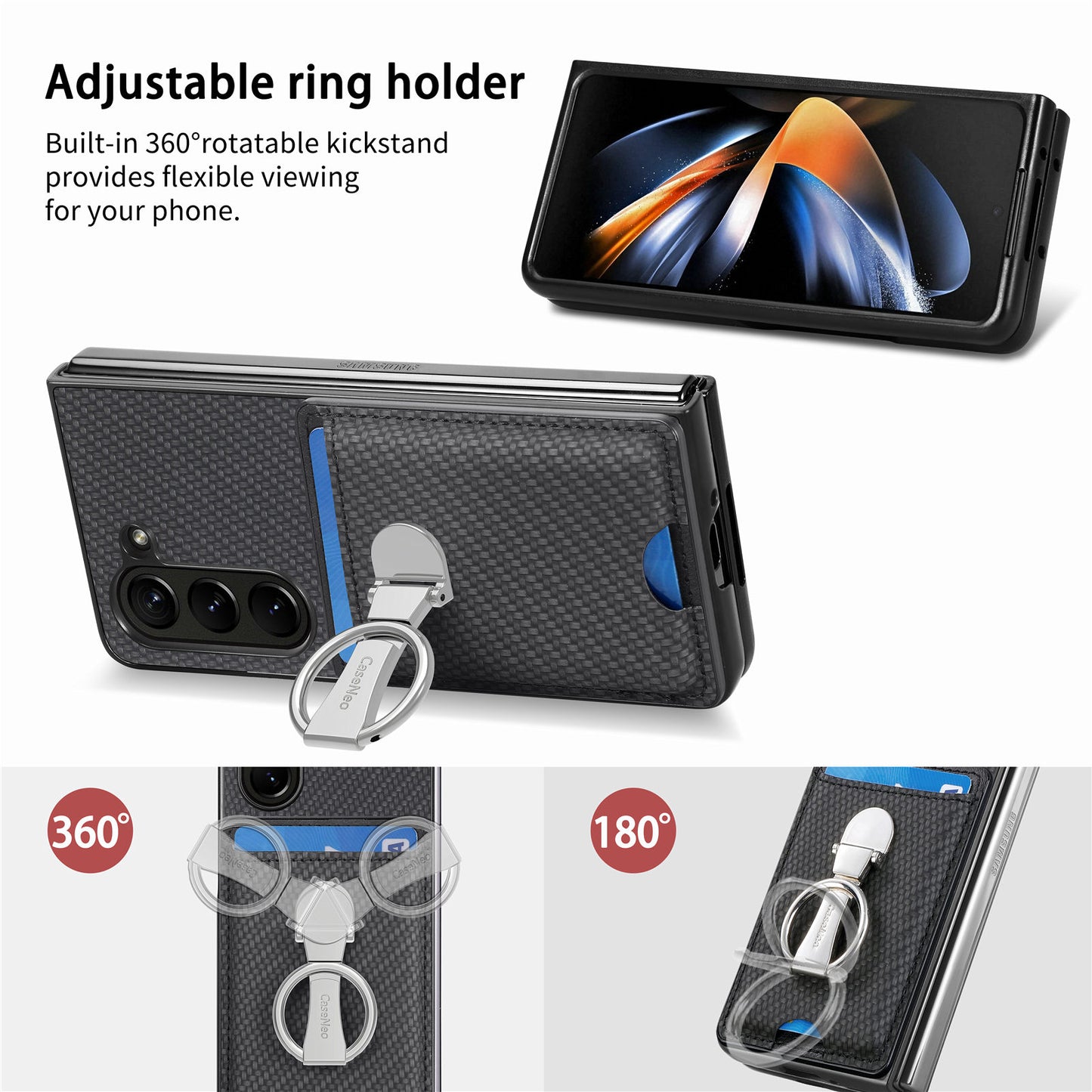 For Samsung Galaxy Z Fold6 5G Case Card Slot Carbon Fiber Texture Leather+PC Phone Cover - Black