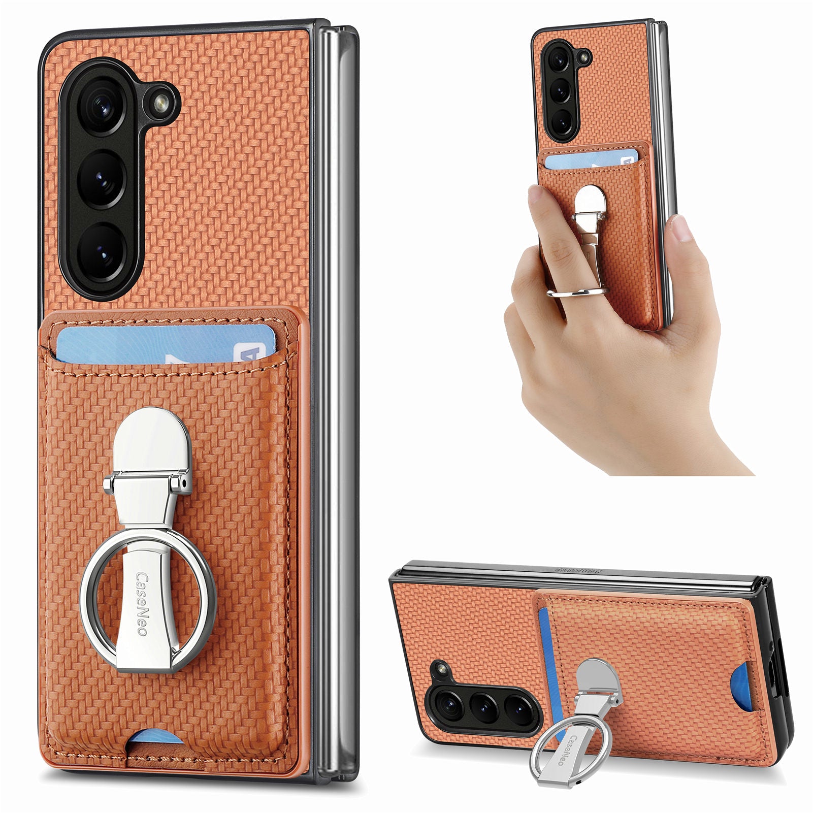 For Samsung Galaxy Z Fold6 5G Case Card Slot Carbon Fiber Texture Leather+PC Phone Cover - Brown