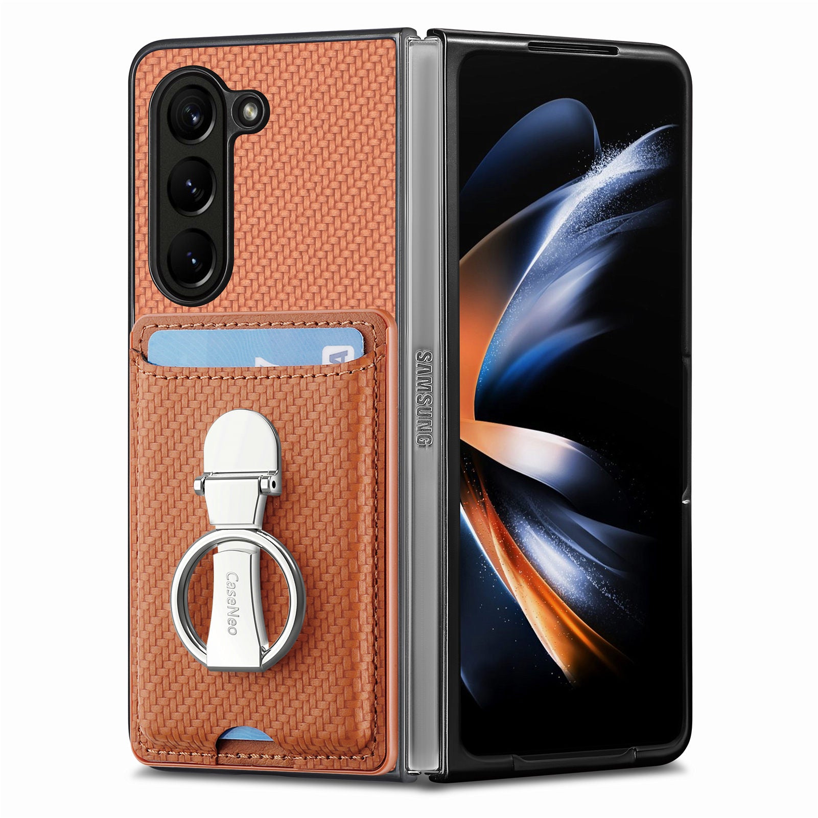 For Samsung Galaxy Z Fold6 5G Case Card Slot Carbon Fiber Texture Leather+PC Phone Cover - Brown