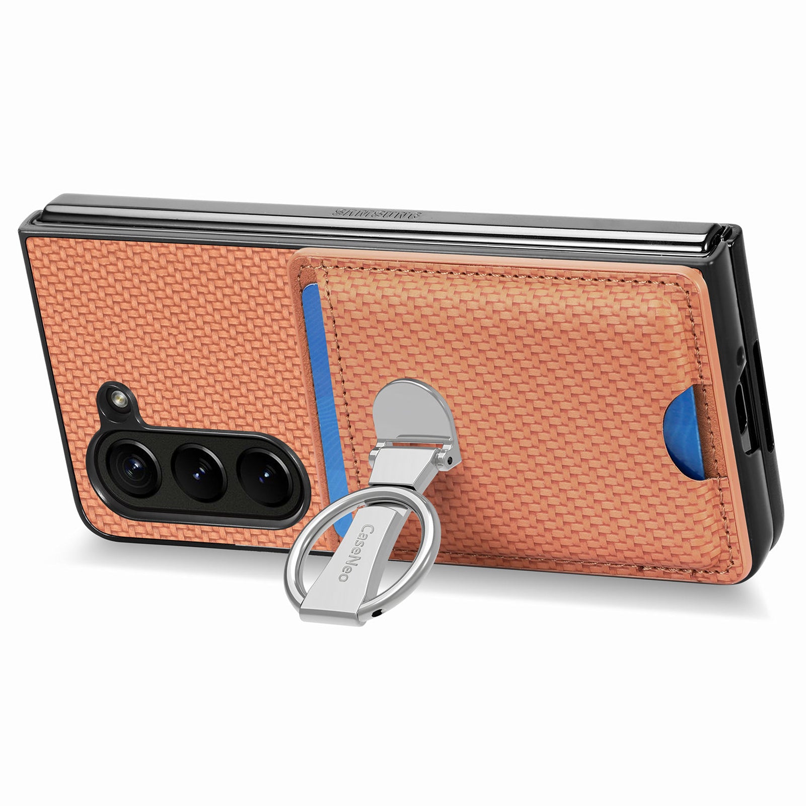 For Samsung Galaxy Z Fold6 5G Case Card Slot Carbon Fiber Texture Leather+PC Phone Cover - Brown