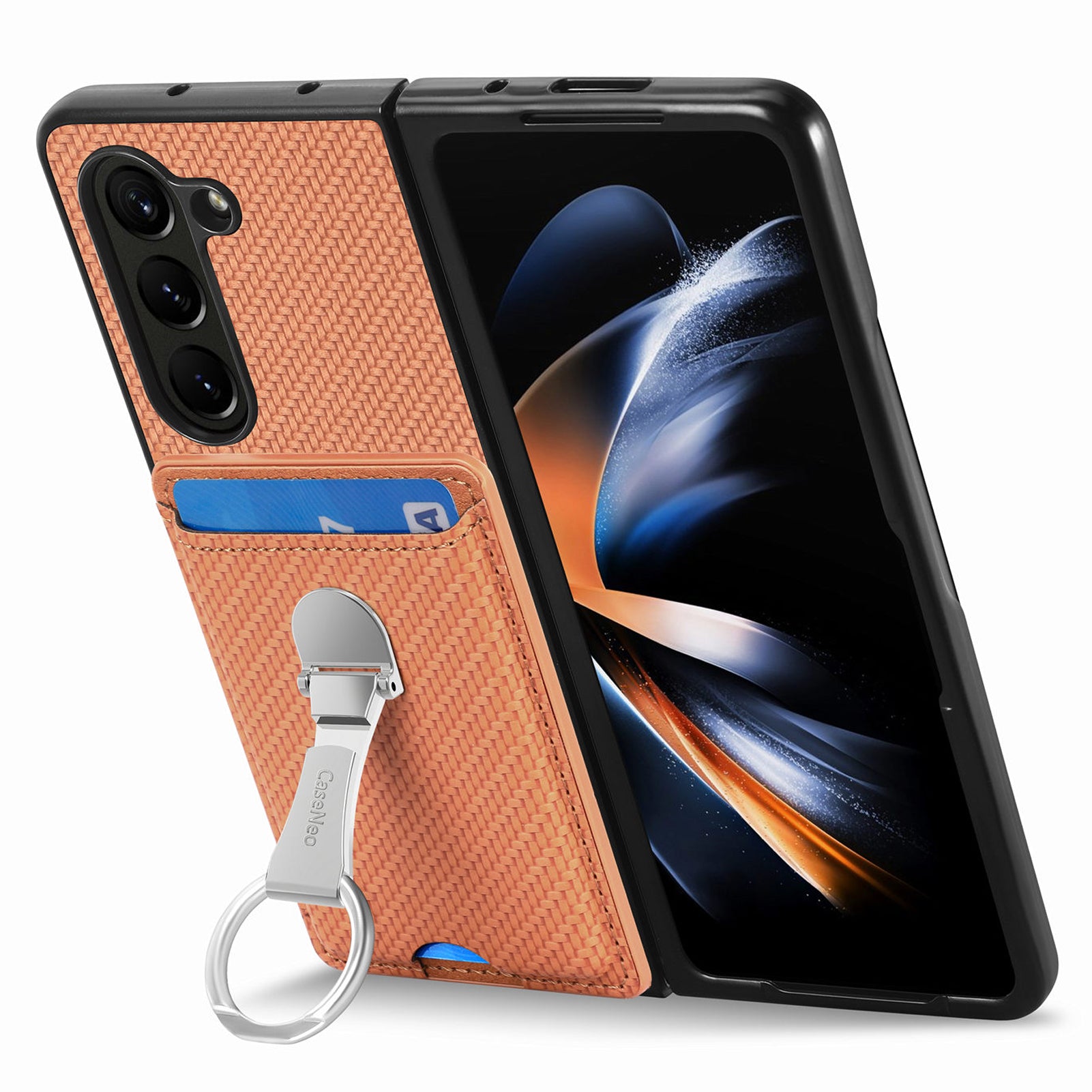 For Samsung Galaxy Z Fold6 5G Case Card Slot Carbon Fiber Texture Leather+PC Phone Cover - Brown