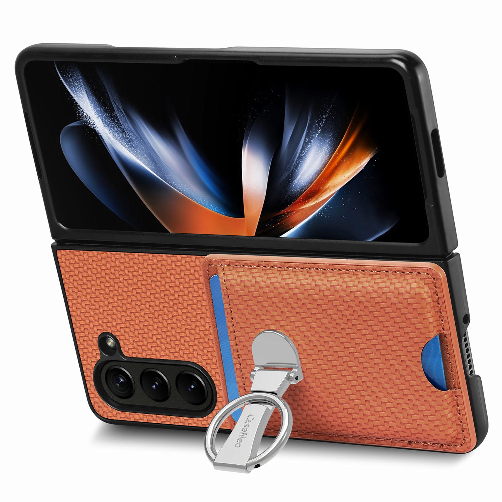For Samsung Galaxy Z Fold6 5G Case Card Slot Carbon Fiber Texture Leather+PC Phone Cover - Brown
