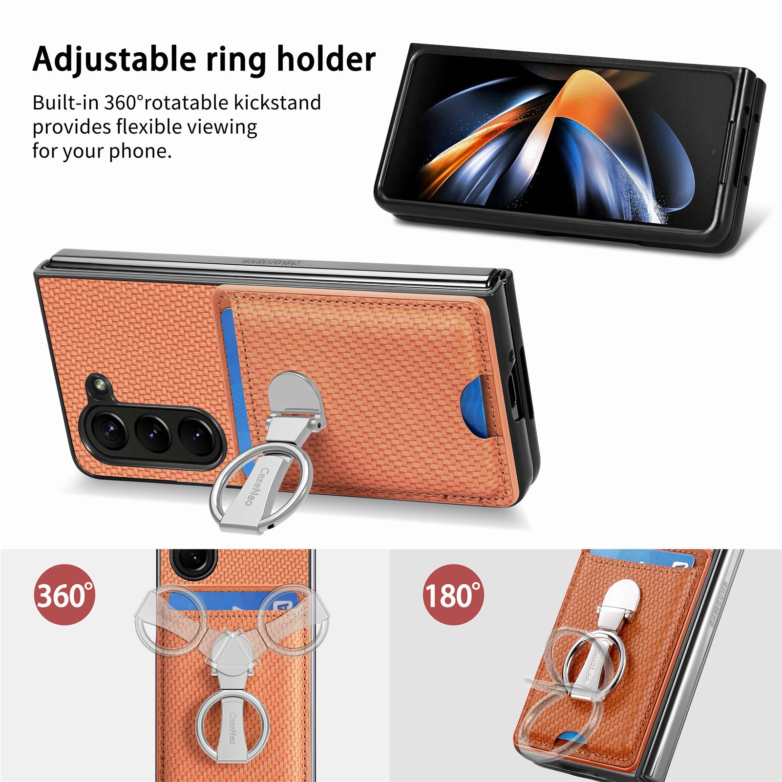 For Samsung Galaxy Z Fold6 5G Case Card Slot Carbon Fiber Texture Leather+PC Phone Cover - Brown