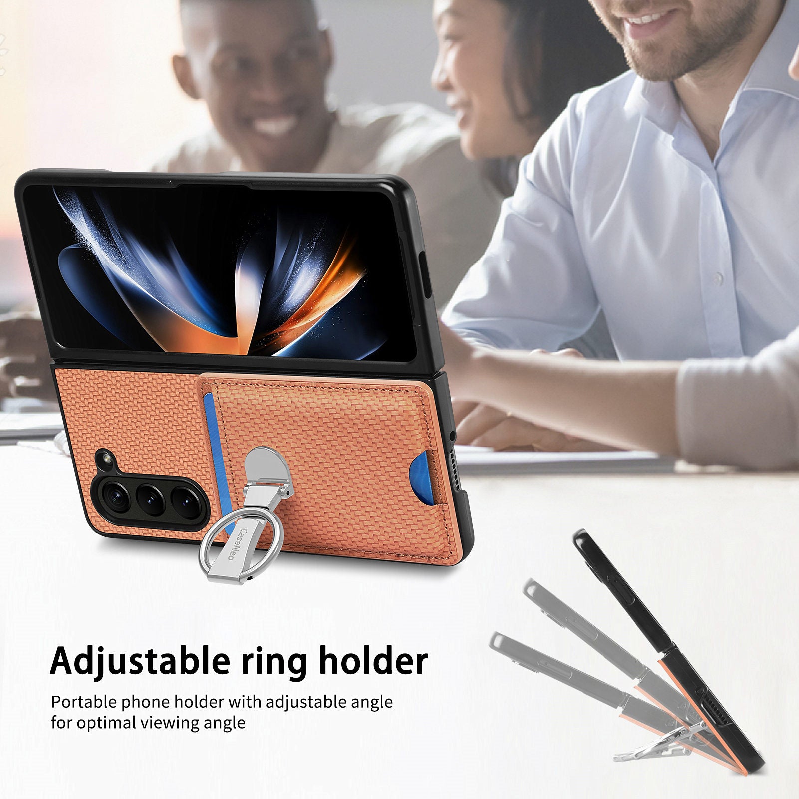 For Samsung Galaxy Z Fold6 5G Case Card Slot Carbon Fiber Texture Leather+PC Phone Cover - Brown