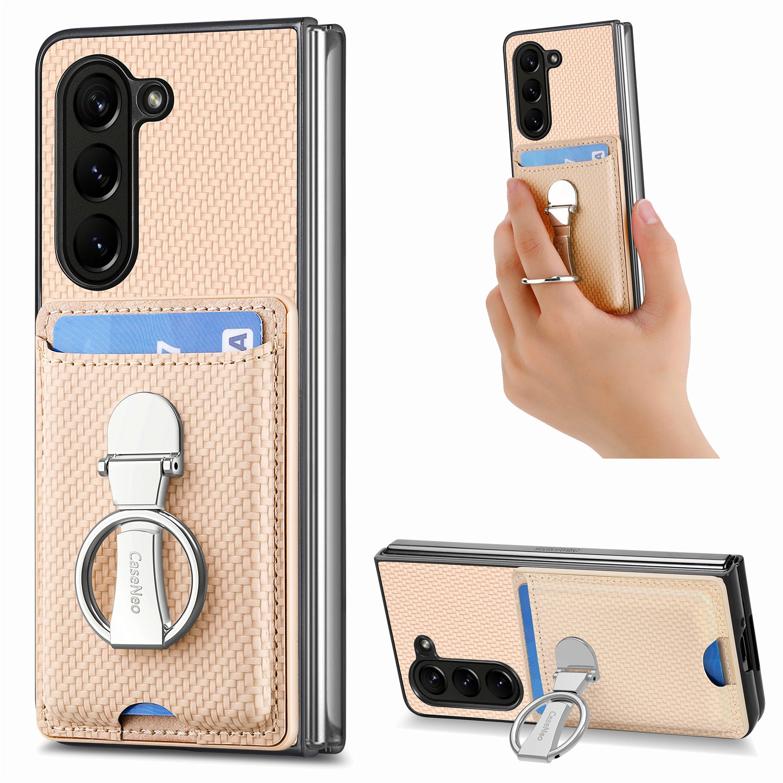 For Samsung Galaxy Z Fold6 5G Case Card Slot Carbon Fiber Texture Leather+PC Phone Cover - Khaki