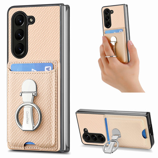 For Samsung Galaxy Z Fold6 5G Case Card Slot Carbon Fiber Texture Leather+PC Phone Cover - Khaki