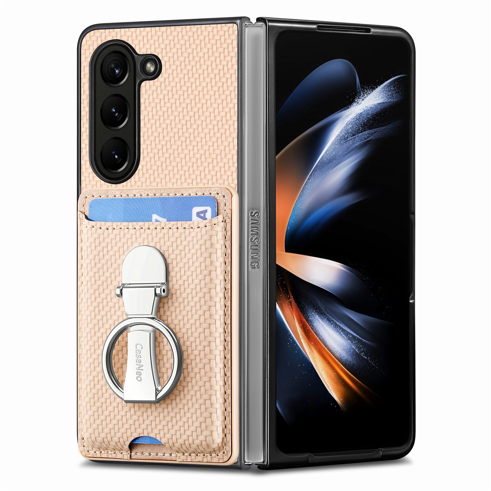 For Samsung Galaxy Z Fold6 5G Case Card Slot Carbon Fiber Texture Leather+PC Phone Cover - Khaki