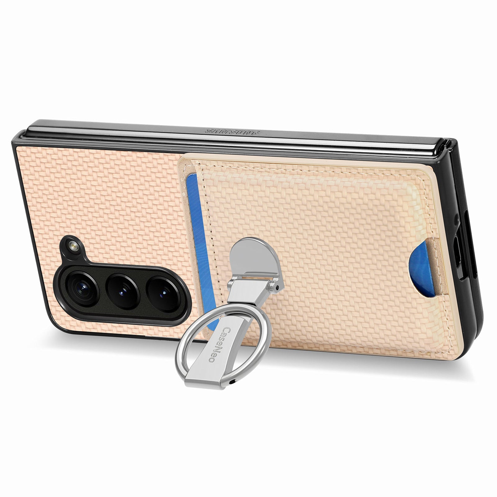 For Samsung Galaxy Z Fold6 5G Case Card Slot Carbon Fiber Texture Leather+PC Phone Cover - Khaki