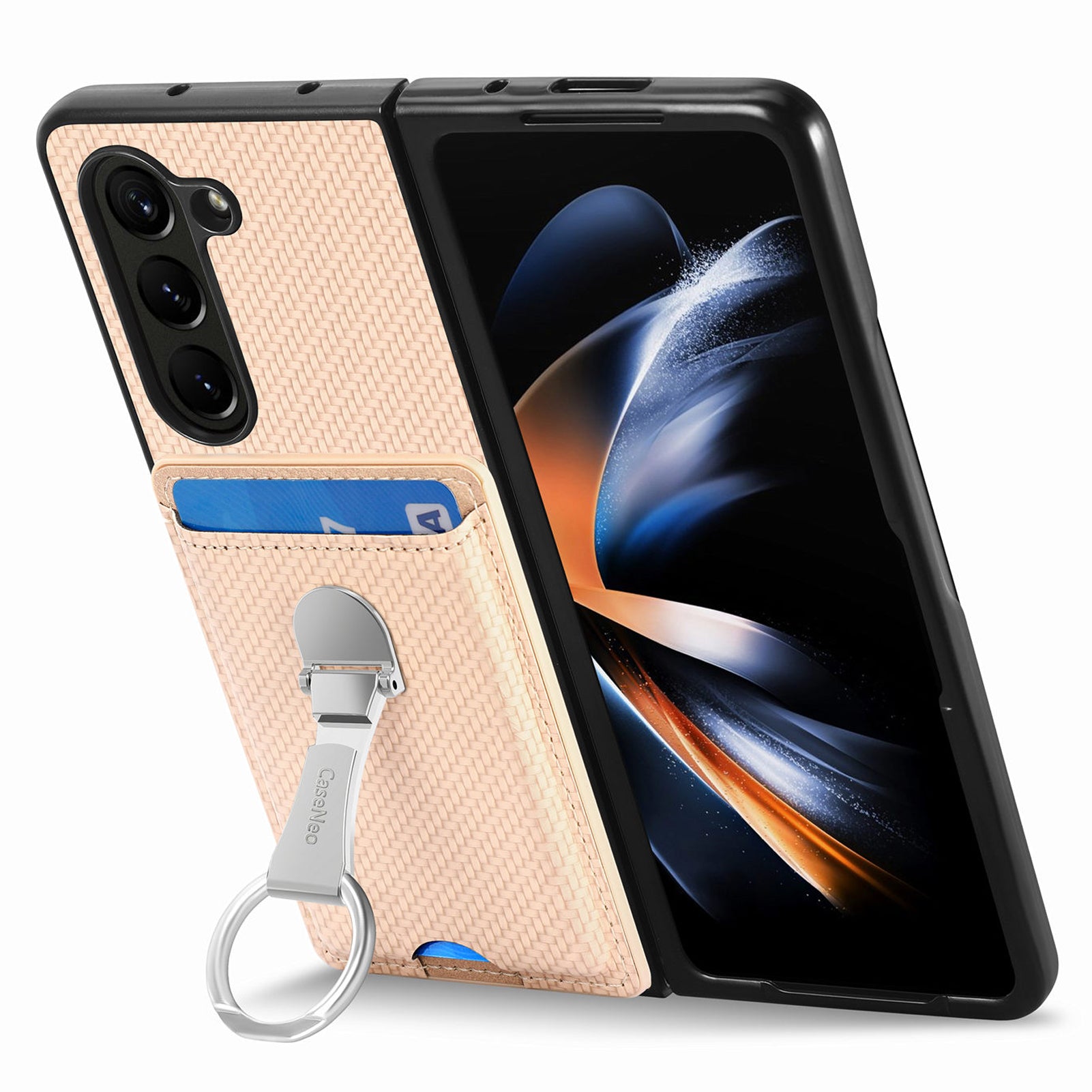 For Samsung Galaxy Z Fold6 5G Case Card Slot Carbon Fiber Texture Leather+PC Phone Cover - Khaki