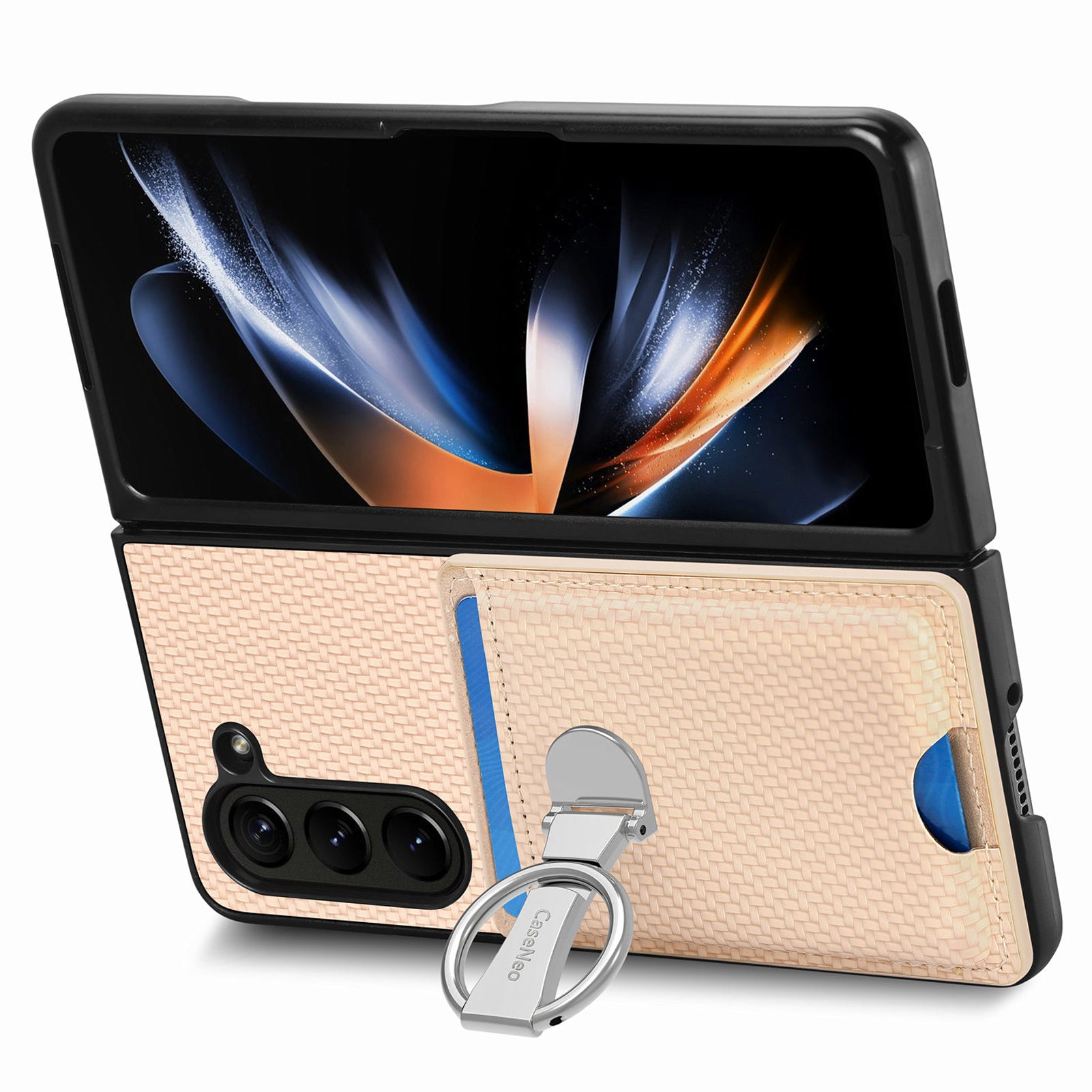 For Samsung Galaxy Z Fold6 5G Case Card Slot Carbon Fiber Texture Leather+PC Phone Cover - Khaki