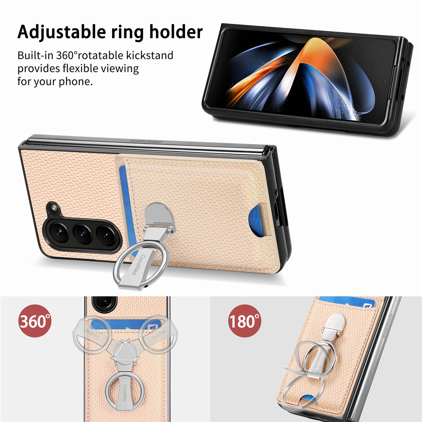 For Samsung Galaxy Z Fold6 5G Case Card Slot Carbon Fiber Texture Leather+PC Phone Cover - Khaki