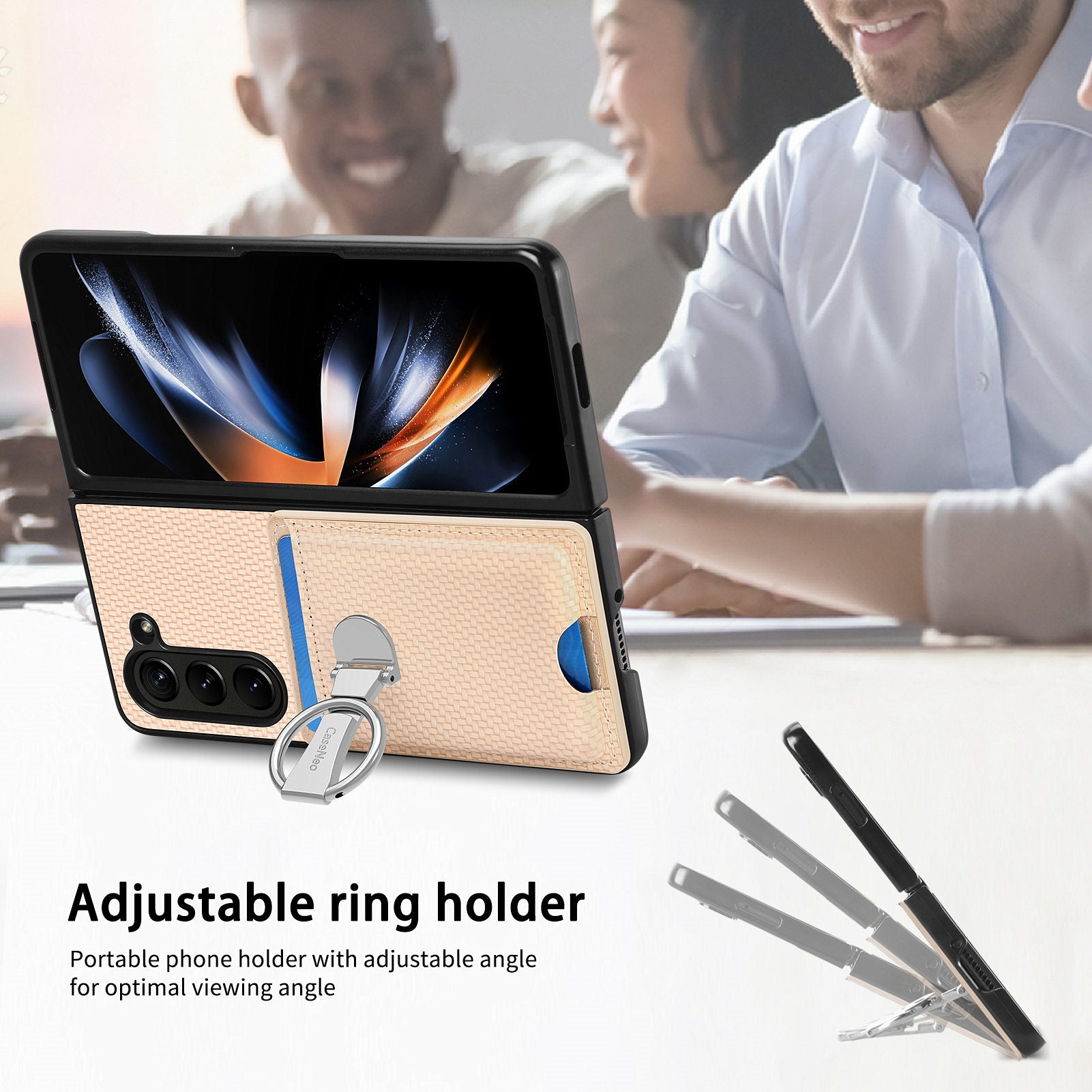 For Samsung Galaxy Z Fold6 5G Case Card Slot Carbon Fiber Texture Leather+PC Phone Cover - Khaki