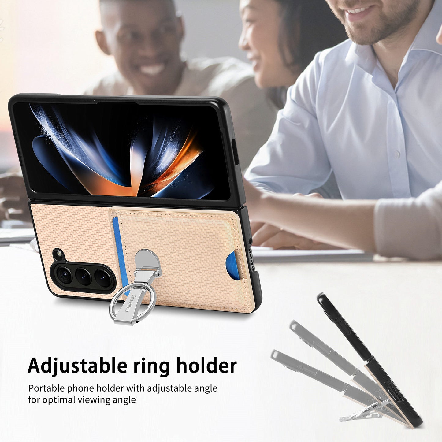 For Samsung Galaxy Z Fold6 5G Case Card Slot Carbon Fiber Texture Leather+PC Phone Cover - Khaki