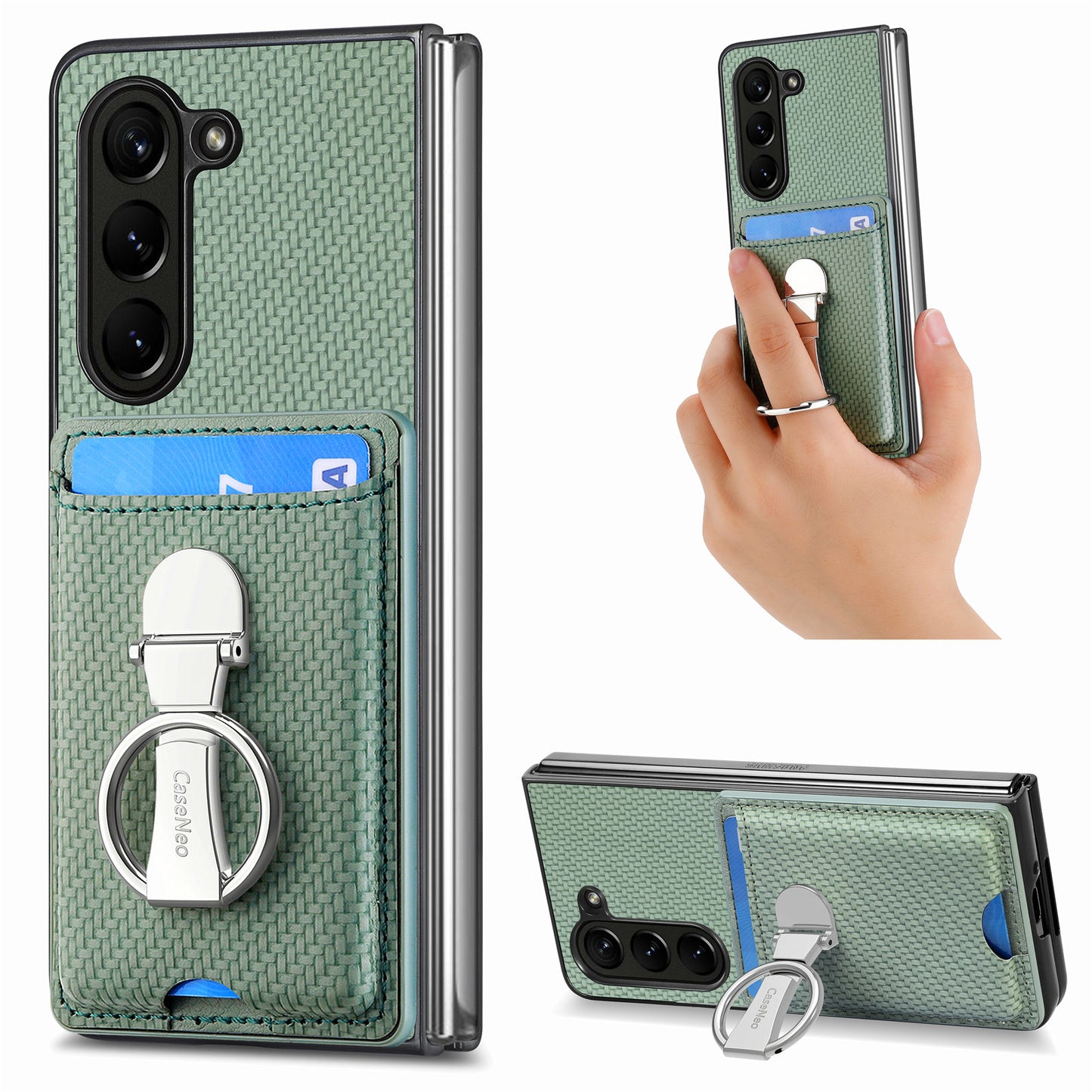 For Samsung Galaxy Z Fold6 5G Case Card Slot Carbon Fiber Texture Leather+PC Phone Cover - Green