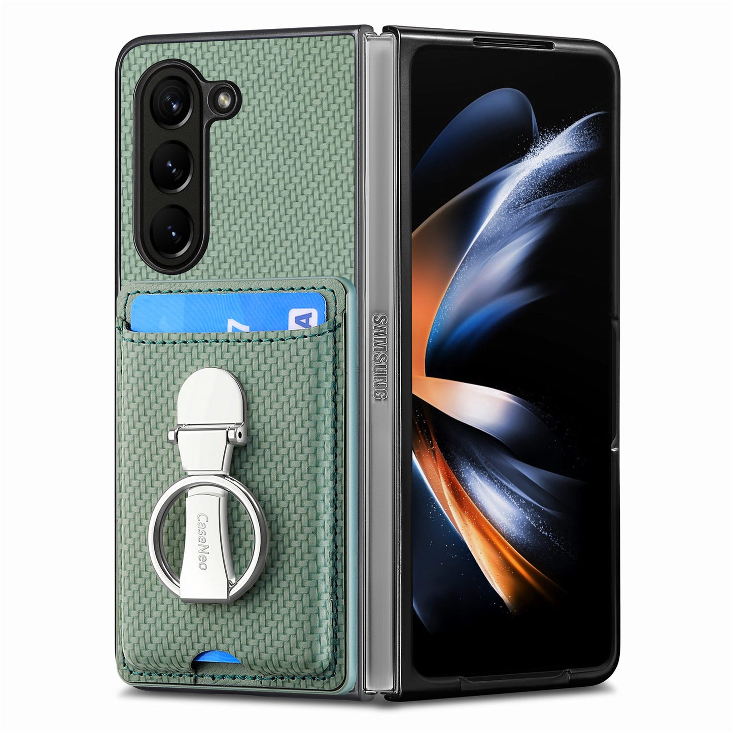 For Samsung Galaxy Z Fold6 5G Case Card Slot Carbon Fiber Texture Leather+PC Phone Cover - Green