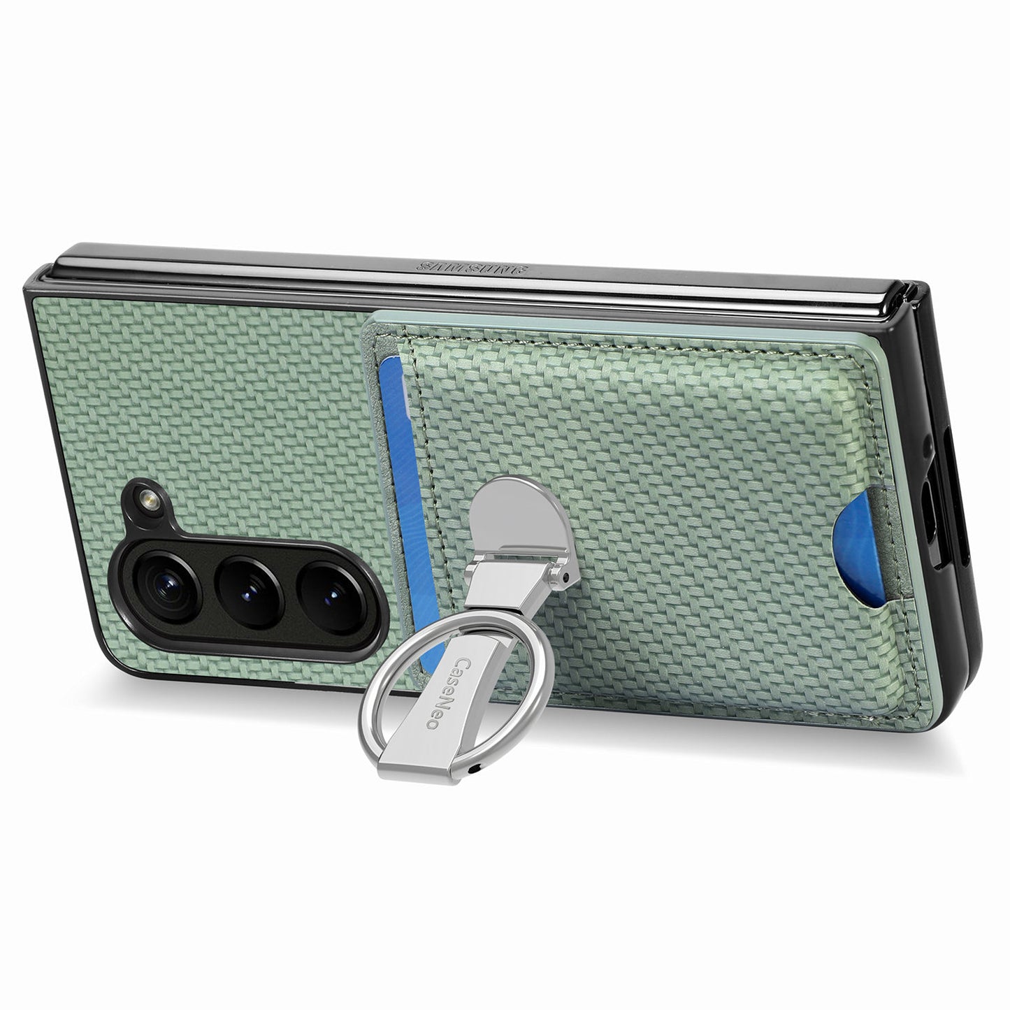 For Samsung Galaxy Z Fold6 5G Case Card Slot Carbon Fiber Texture Leather+PC Phone Cover - Green