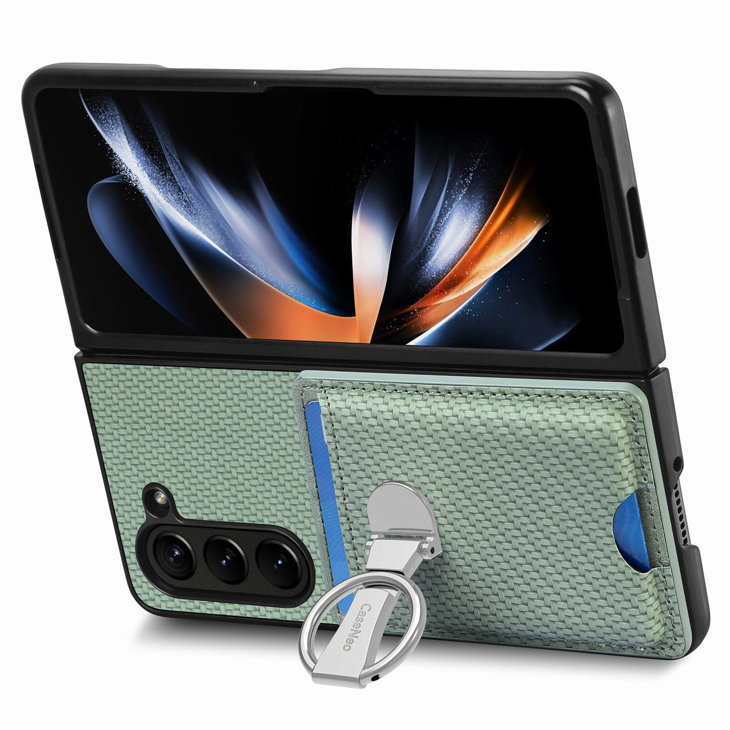 For Samsung Galaxy Z Fold6 5G Case Card Slot Carbon Fiber Texture Leather+PC Phone Cover - Green