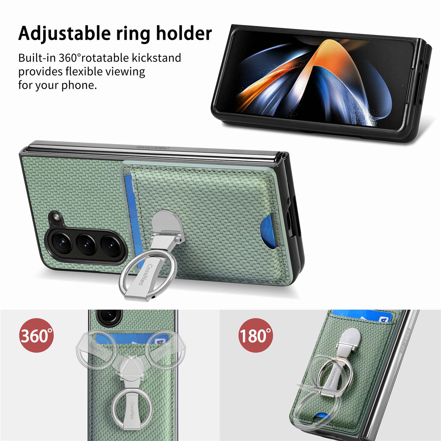 For Samsung Galaxy Z Fold6 5G Case Card Slot Carbon Fiber Texture Leather+PC Phone Cover - Green