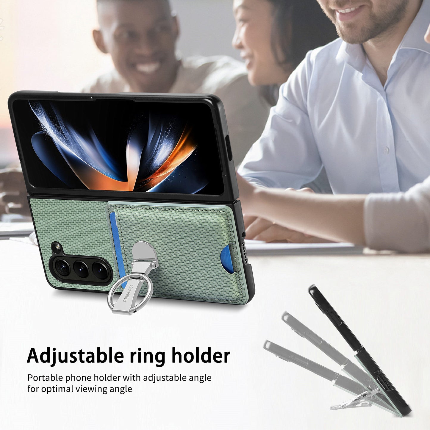 For Samsung Galaxy Z Fold6 5G Case Card Slot Carbon Fiber Texture Leather+PC Phone Cover - Green