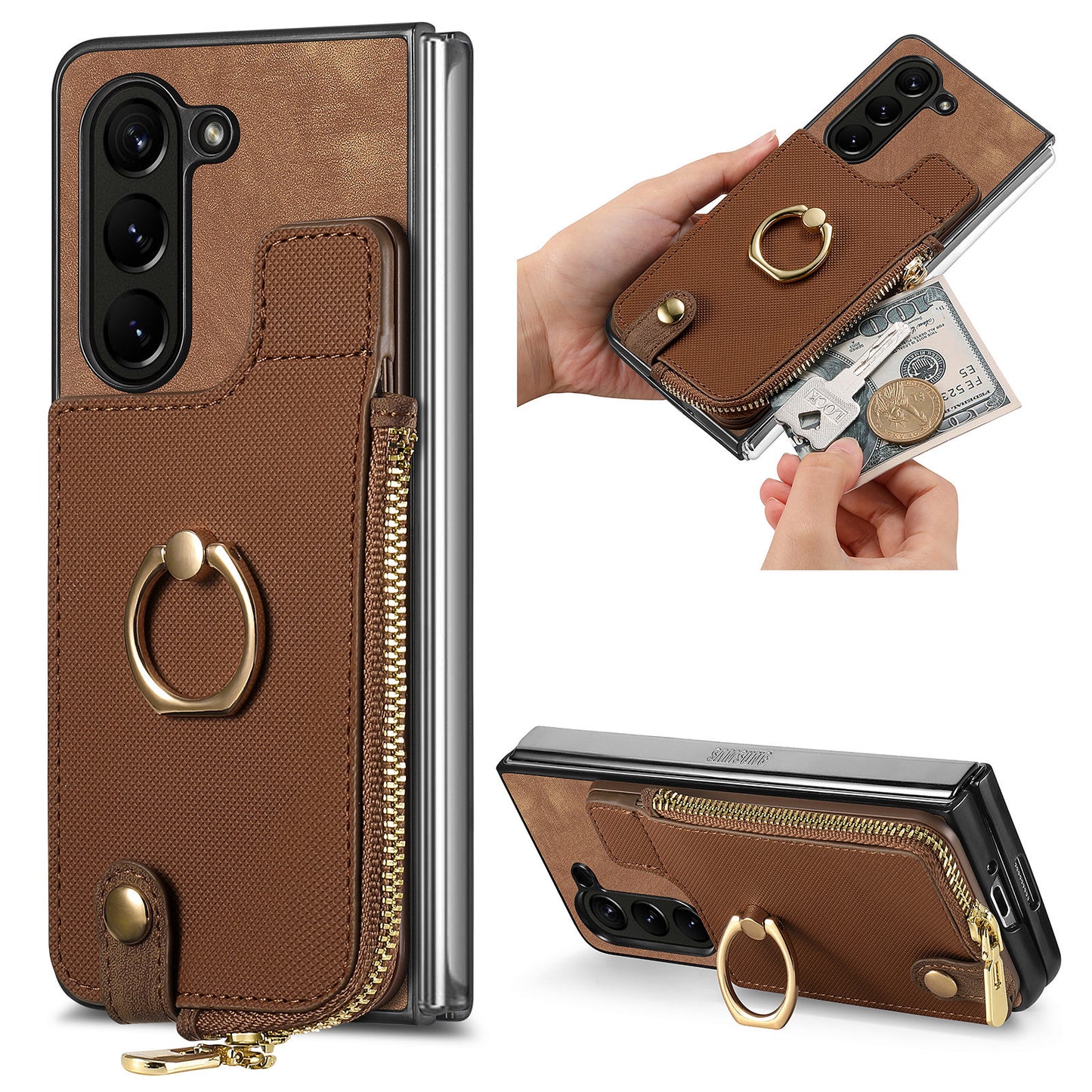 D8 For Samsung Galaxy Z Fold6 5G Case Zipper Pocket Ring Holder Leather+PC Phone Cover - Brown