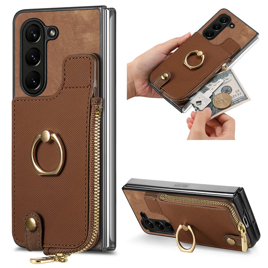 D8 For Samsung Galaxy Z Fold6 5G Case Zipper Pocket Ring Holder Leather+PC Phone Cover - Brown