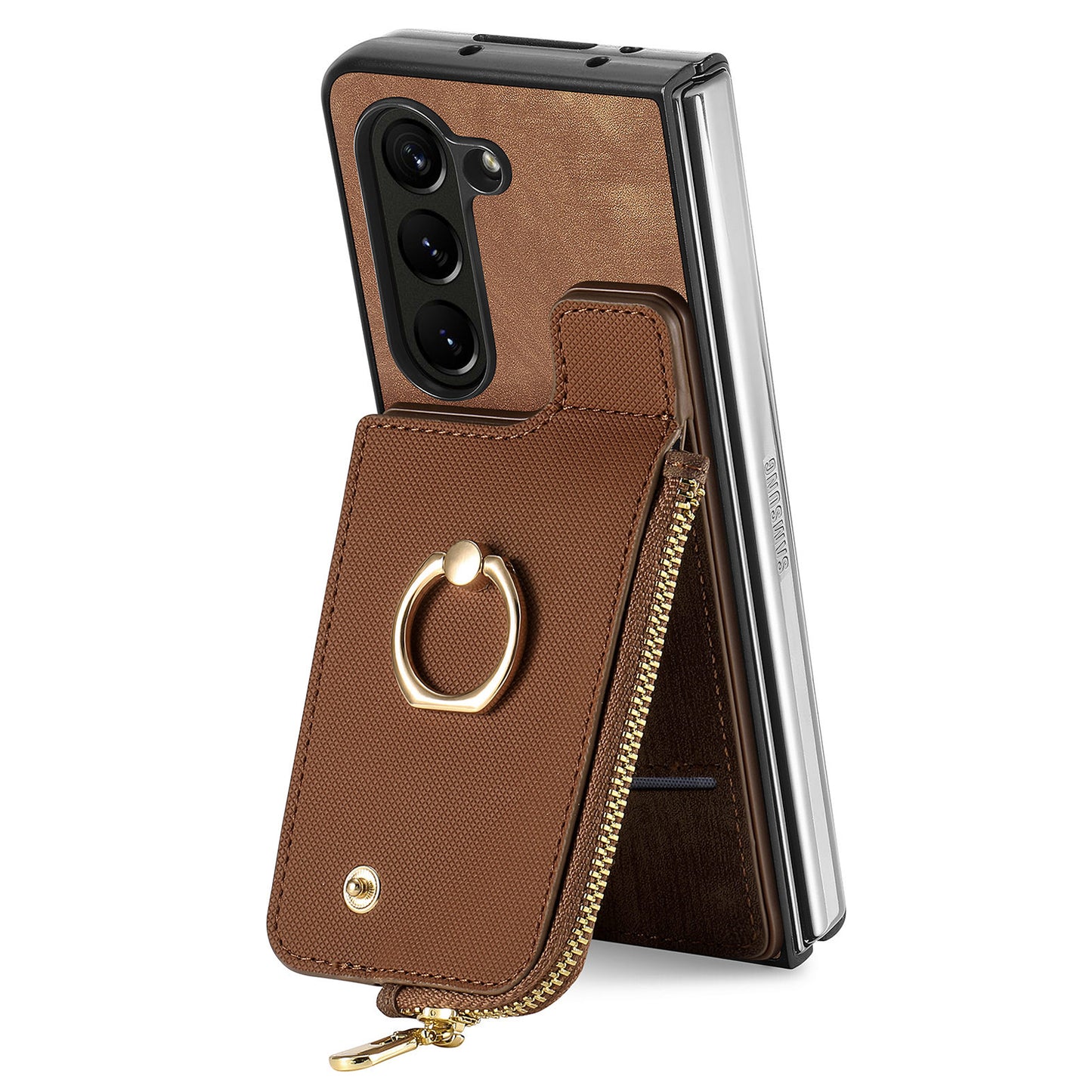 D8 For Samsung Galaxy Z Fold6 5G Case Zipper Pocket Ring Holder Leather+PC Phone Cover - Brown