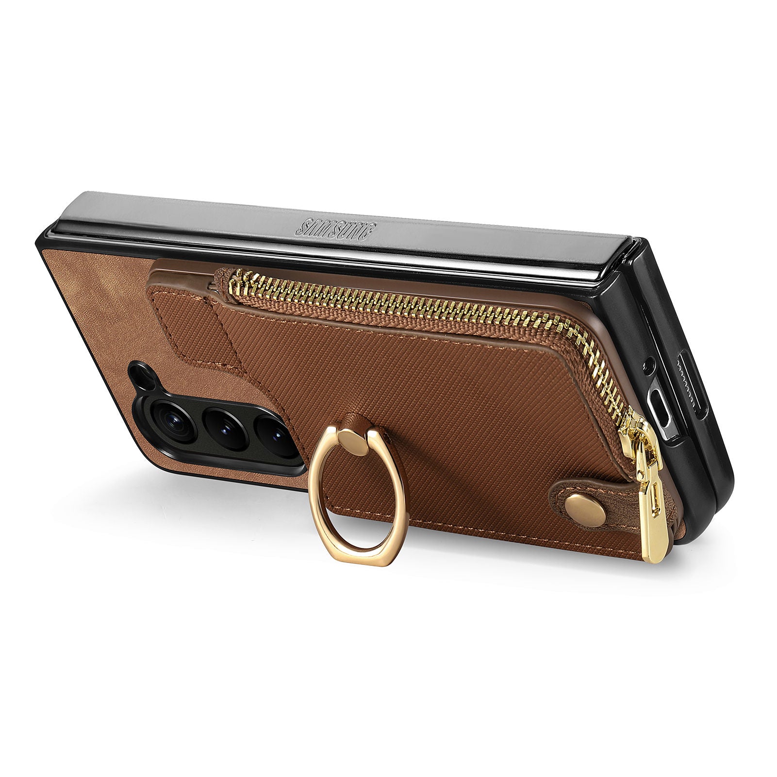 D8 For Samsung Galaxy Z Fold6 5G Case Zipper Pocket Ring Holder Leather+PC Phone Cover - Brown