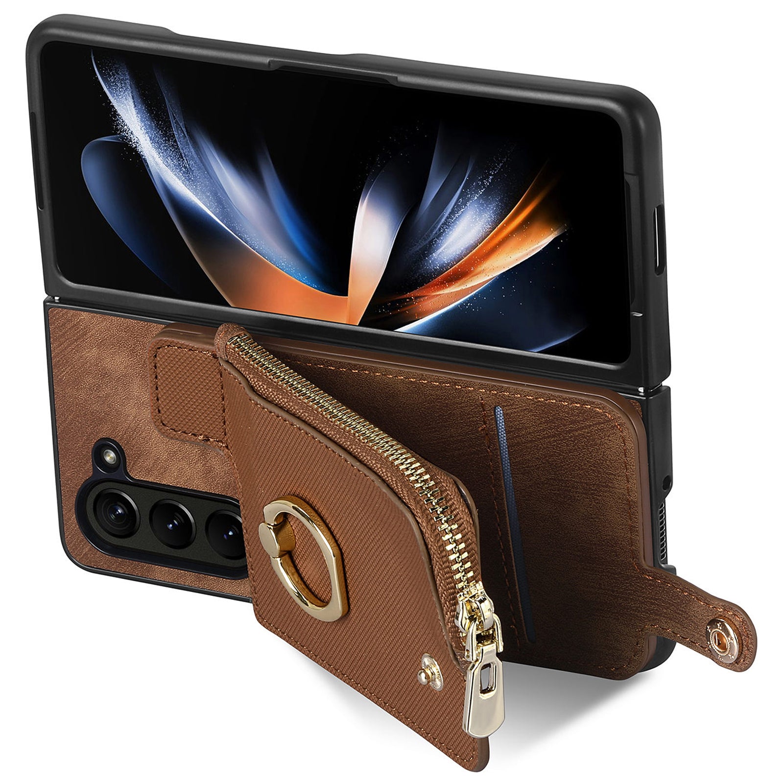 D8 For Samsung Galaxy Z Fold6 5G Case Zipper Pocket Ring Holder Leather+PC Phone Cover - Brown