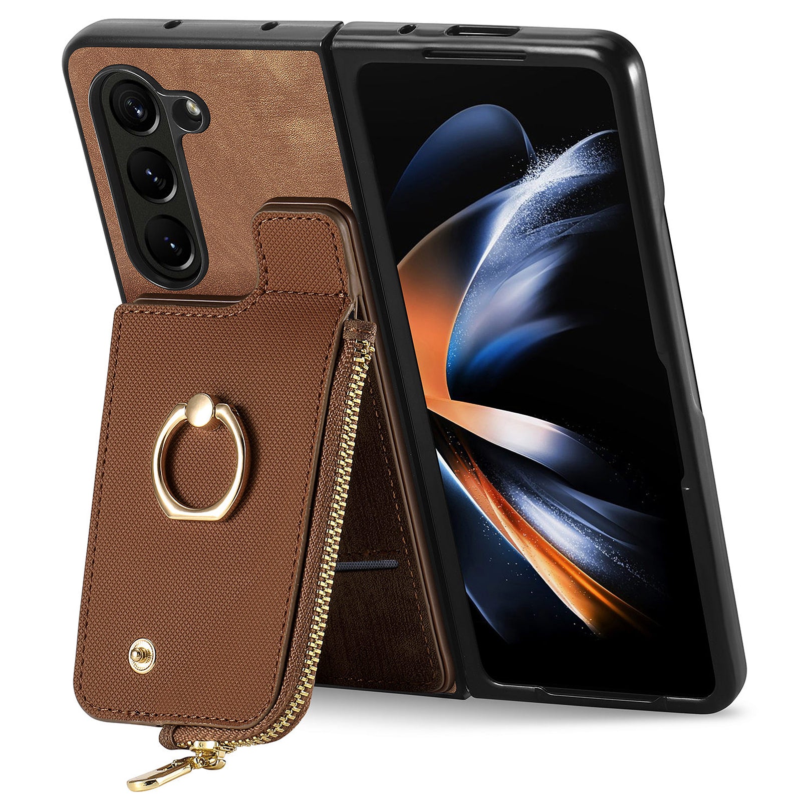 D8 For Samsung Galaxy Z Fold6 5G Case Zipper Pocket Ring Holder Leather+PC Phone Cover - Brown